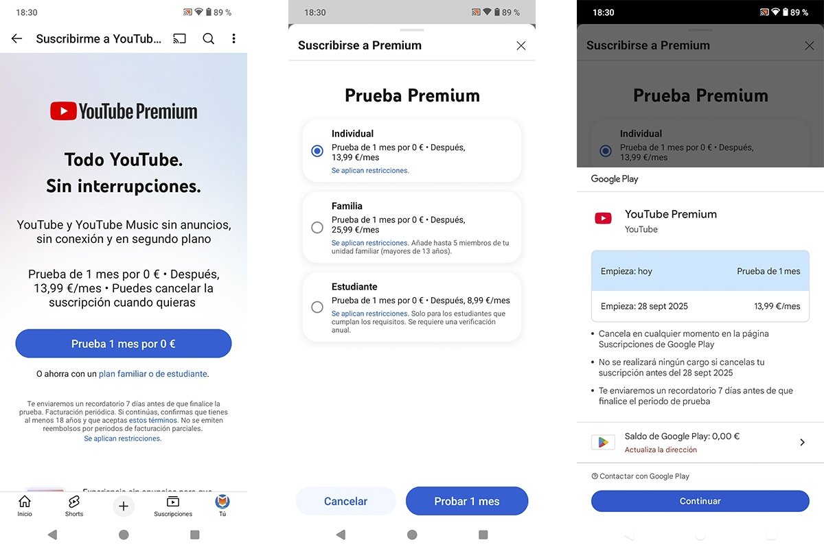 Sección de YouTube Premium y opciones de suscripción en la app