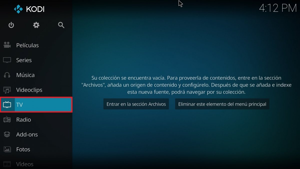 Sección TV en Kodi