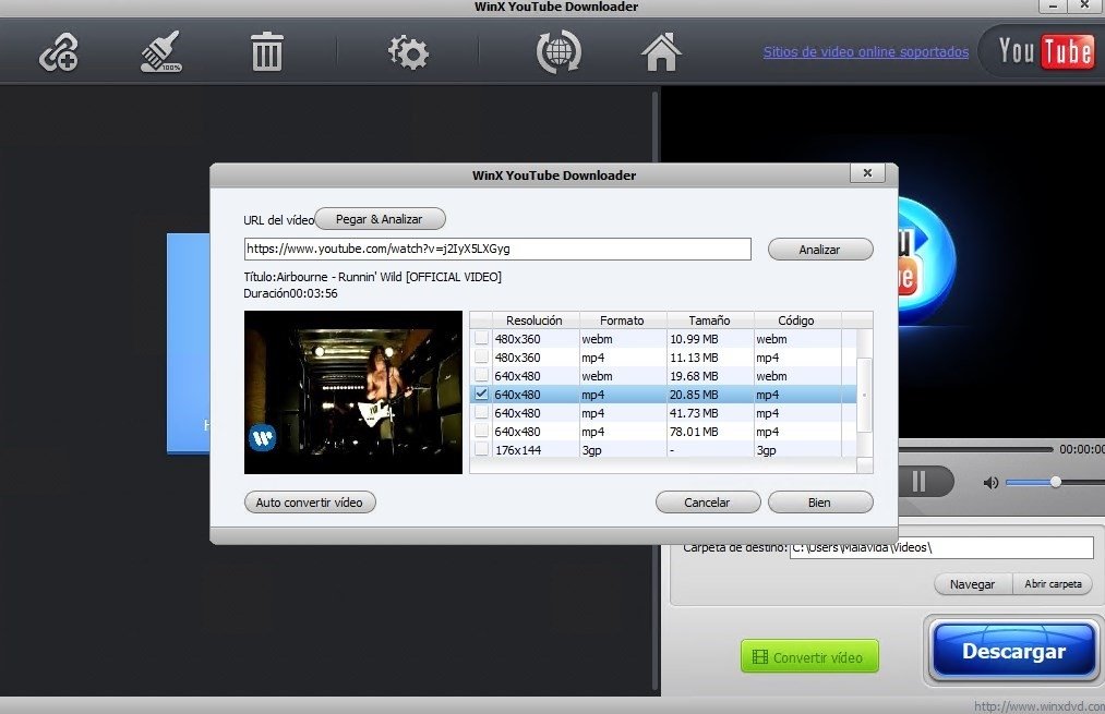 Selección de formato y calidad de vídeo en WinX YouTube Downloader