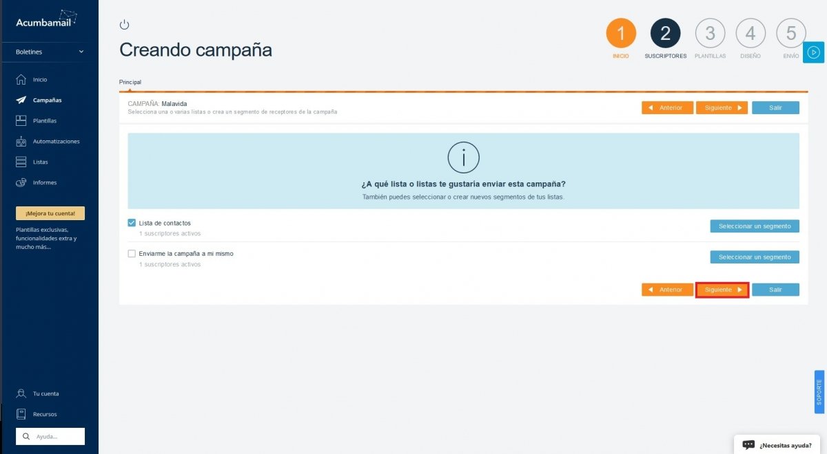 Selección de la lista de contactos que recibirá el correo