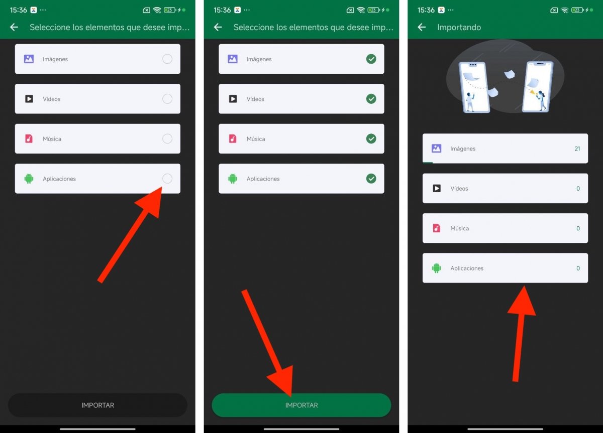 Seleccionando los elementos para importar desde el nuevo móvil