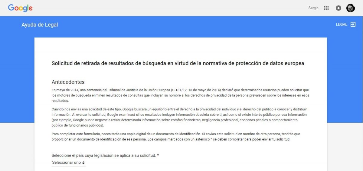 Solicitud para la retirada de datos en Google