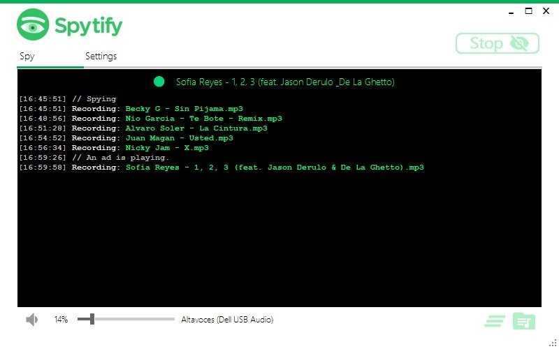Spytify grabando la reproducción de Spotify