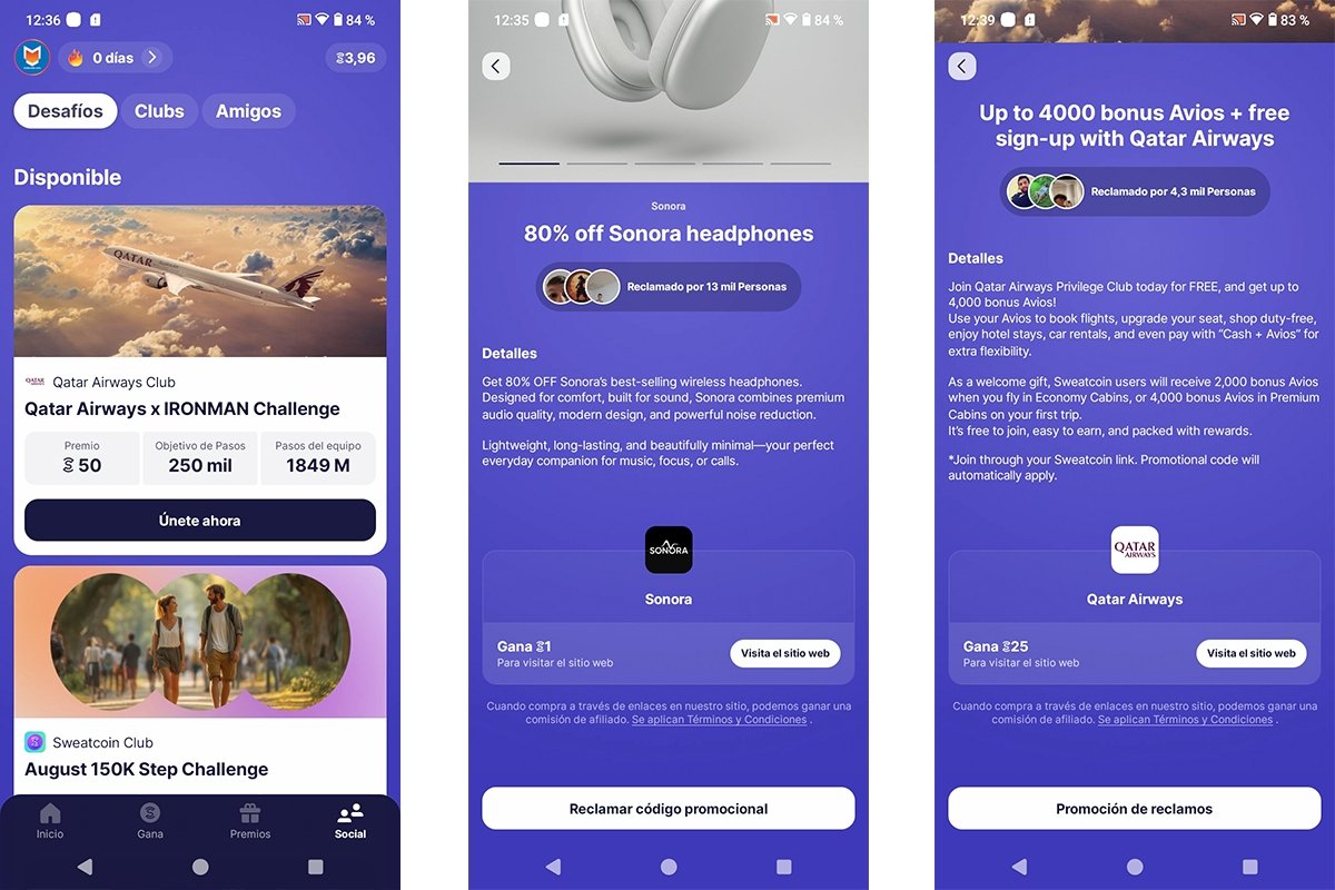 Sweatcoin ofrece promociones diarias y actividades para conseguir monedas sin andar