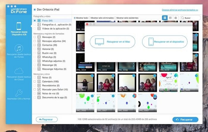 Tercer paso: escoge los archivos y restáuralos al dispositivo iOS o guárdalos en tu ordenador