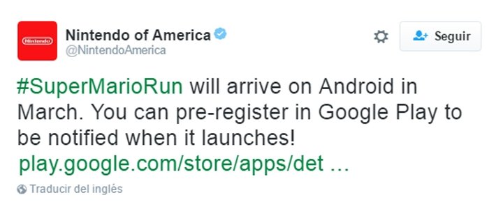Tuit de Nintendo anunciando la fecha de descarga de Super Mario Run para Android