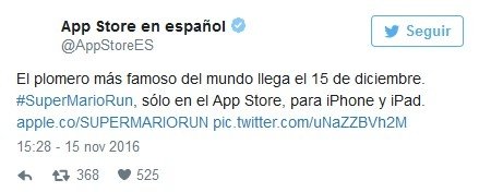 Tweet de App Store en español anunciando la llegada de Super Mario Run