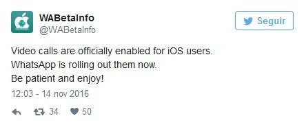 Tweet que anuncia la llegada de las videollamadas a iOS