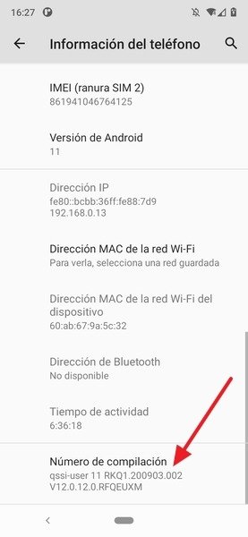 Ubicación del número de compilación de Android