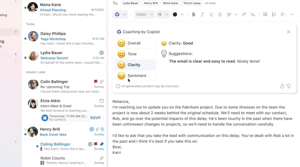 Un usuario elige el tono de la respuesta generada por Copilot en un correo de Outlook