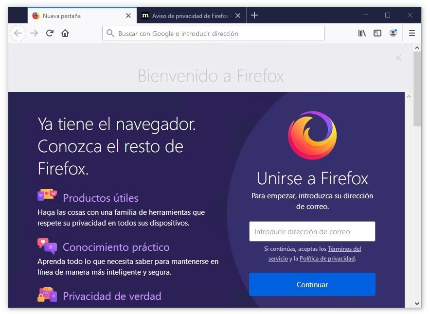 Ventana de bienvenida de Mozilla Firefox