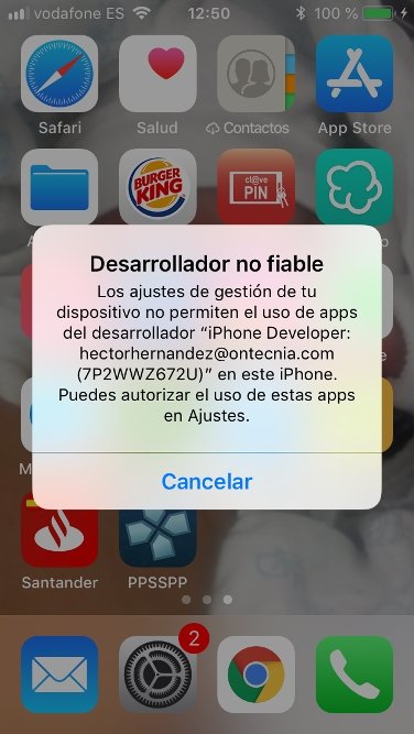 Ventana de desarrollador no fiable en iOS