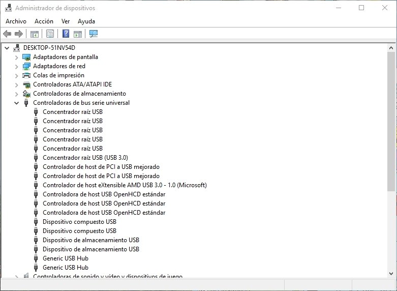 Ventana del administrador de dispositivos de Windows