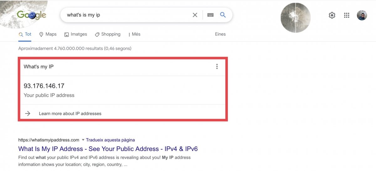 Ver dirección IP en Google