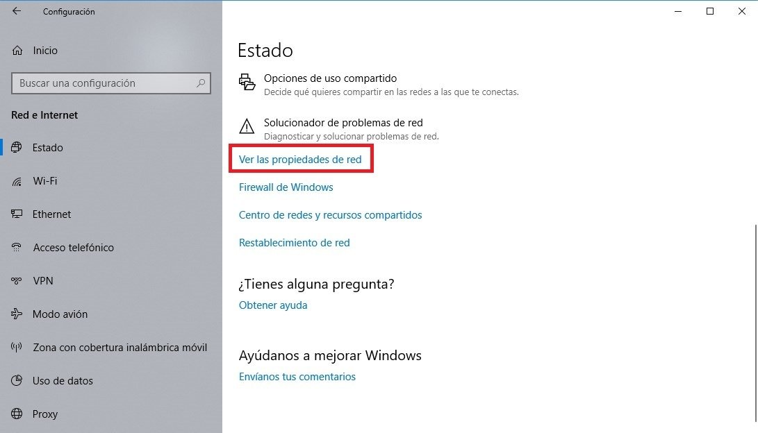 Ver Propiedades de red en la configuración de Windows