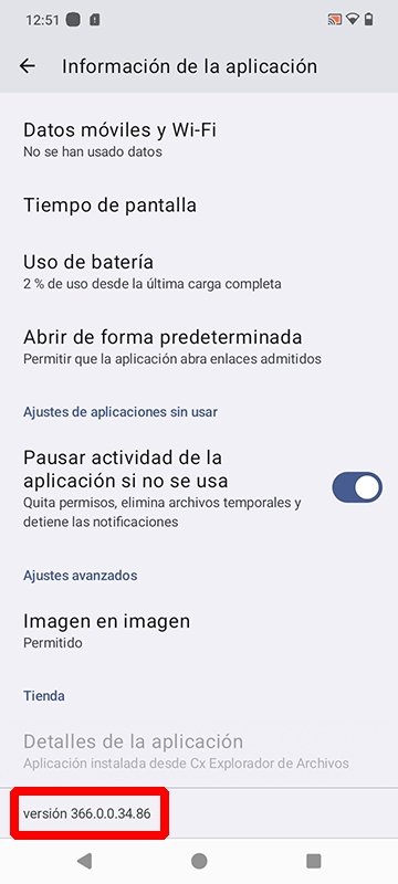 Versión de la app de Instagram instalada en un móvil Android