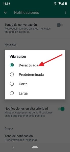 Vibración de las notificaciones de WhatsApp desactivada