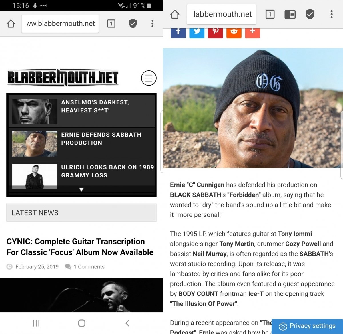 Vista de una web musical en Adblocker Browser