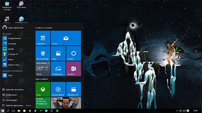 Vista del escritorio de Windows 10