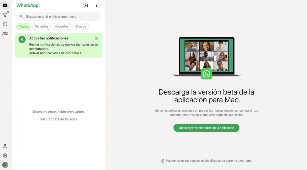 Vista general de la interfaz de WhatsApp Web ejecutada en un navegador cualquiera