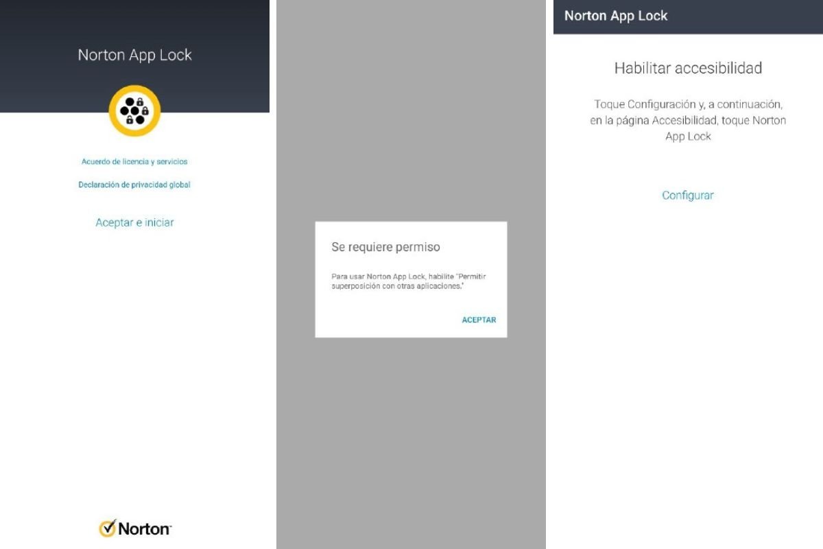 Vista previa de los pasos necesario en Norton App Lock para empezar a usar la app