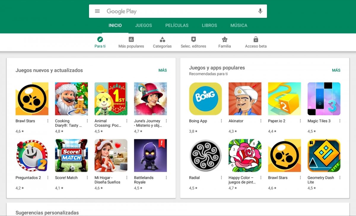 Vista principal de Google Play