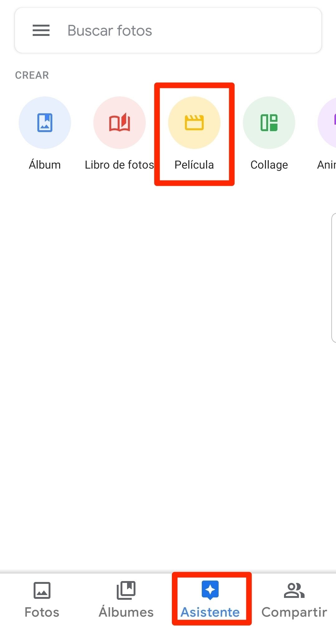 Vista principal del asistente de Google Fotos