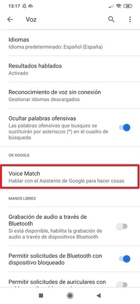 Voice Match en los ajustes de Google