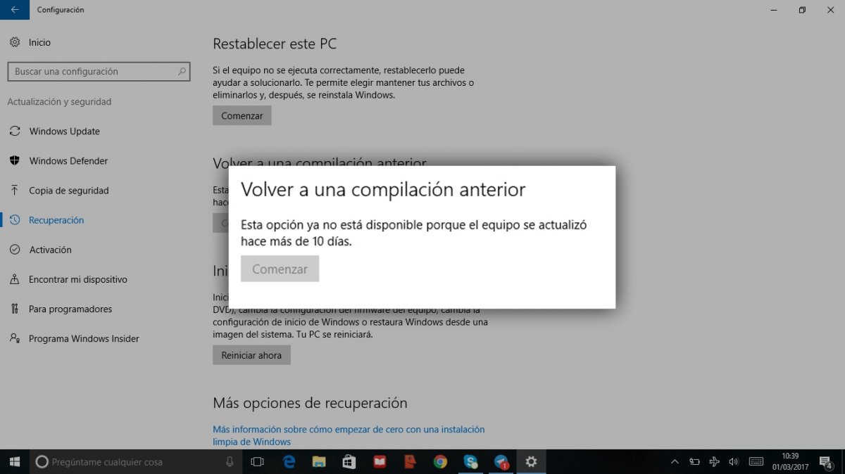 Volver a una compilación anterior en Windows 10