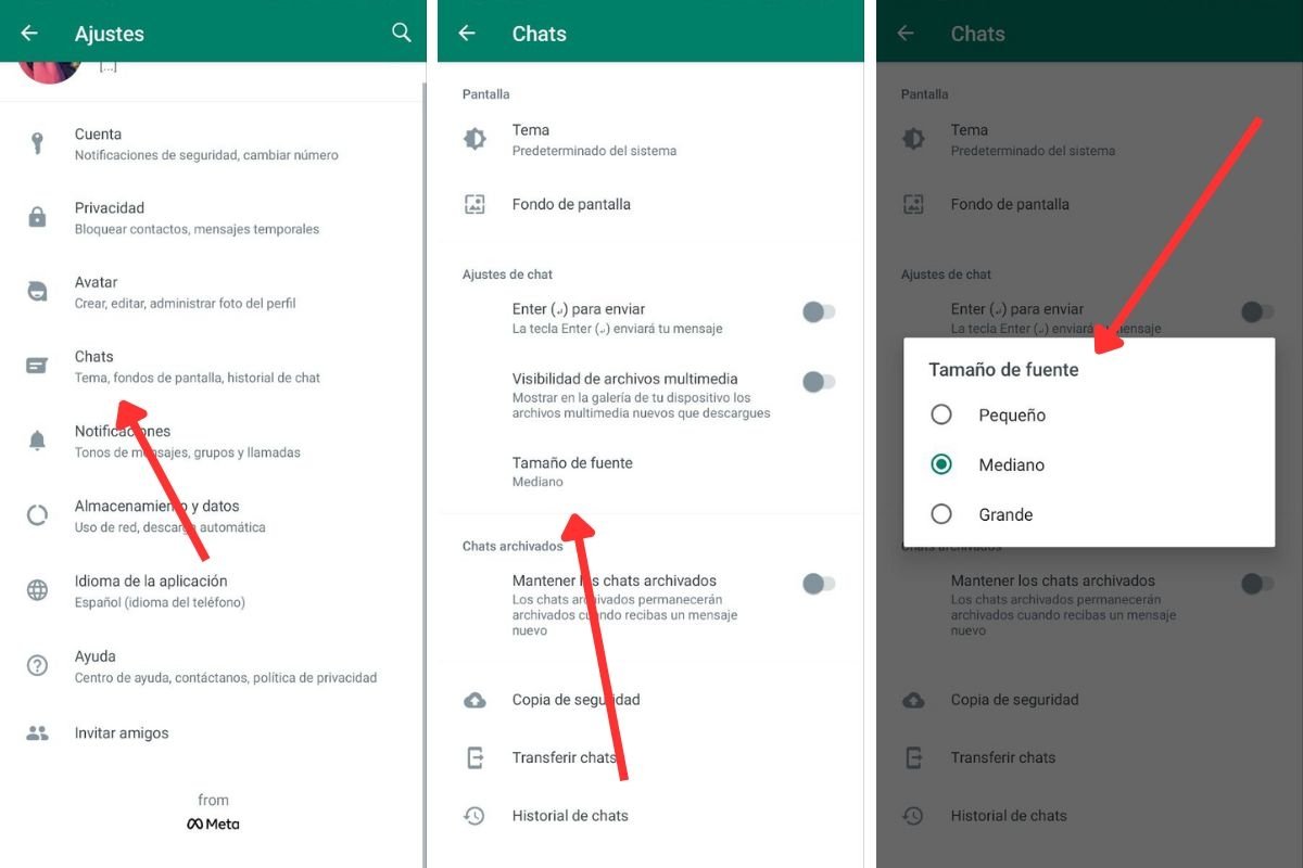 WhatsApp cuenta con su propio ajustes para cambiar el tamaño de la letra de los chats