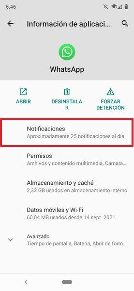 WhatsApp en los ajustes de Android