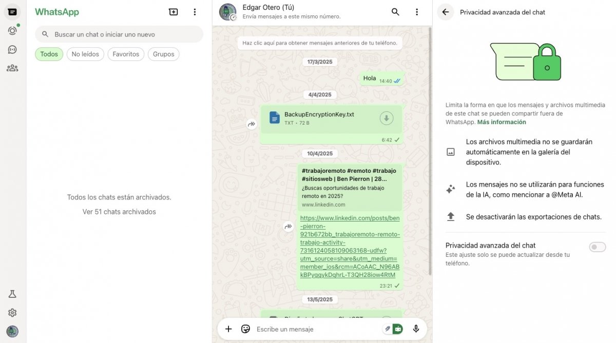 WhatsApp Web ofrece la misma privacidad que la app, con ajustes como la Privacidad avanzada del chat