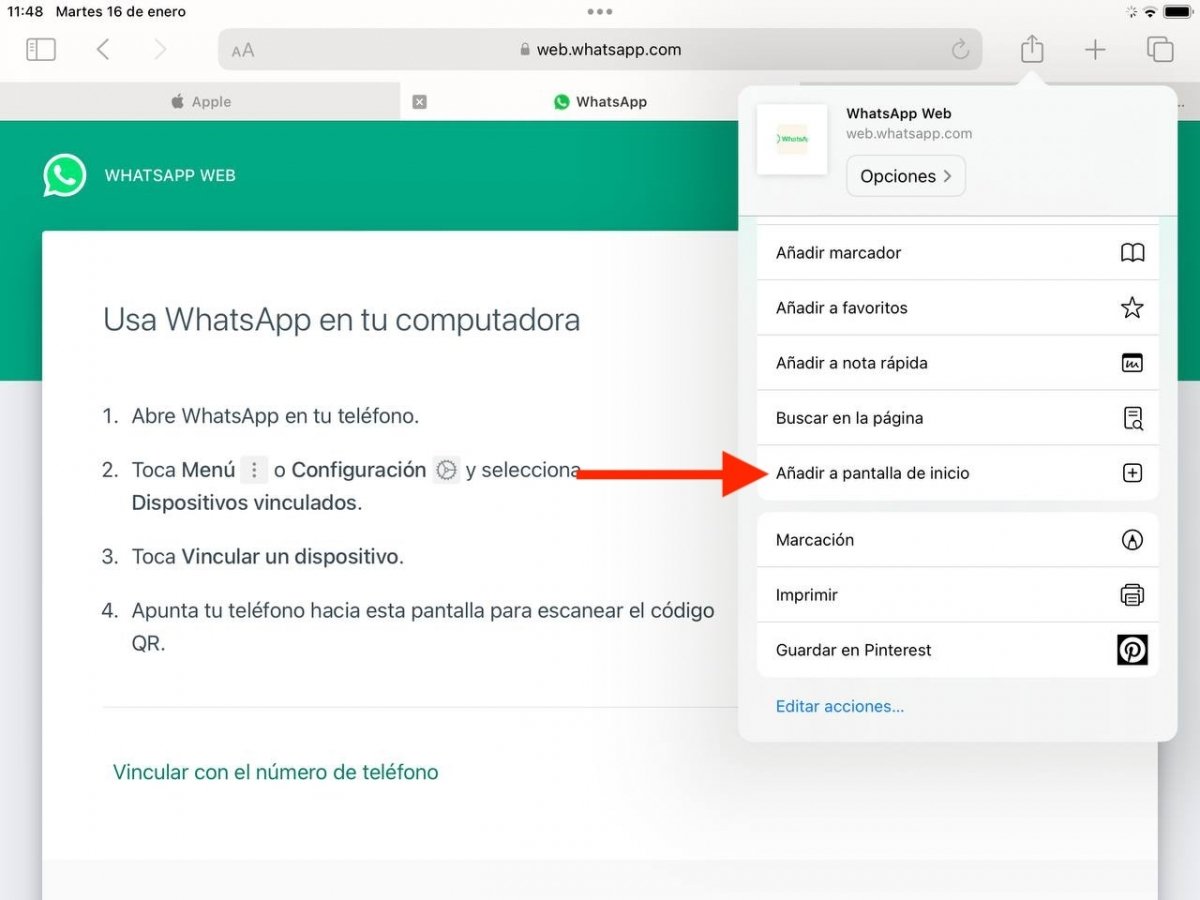 WhatsApp Web se puede añadir a la pantalla de inicio
