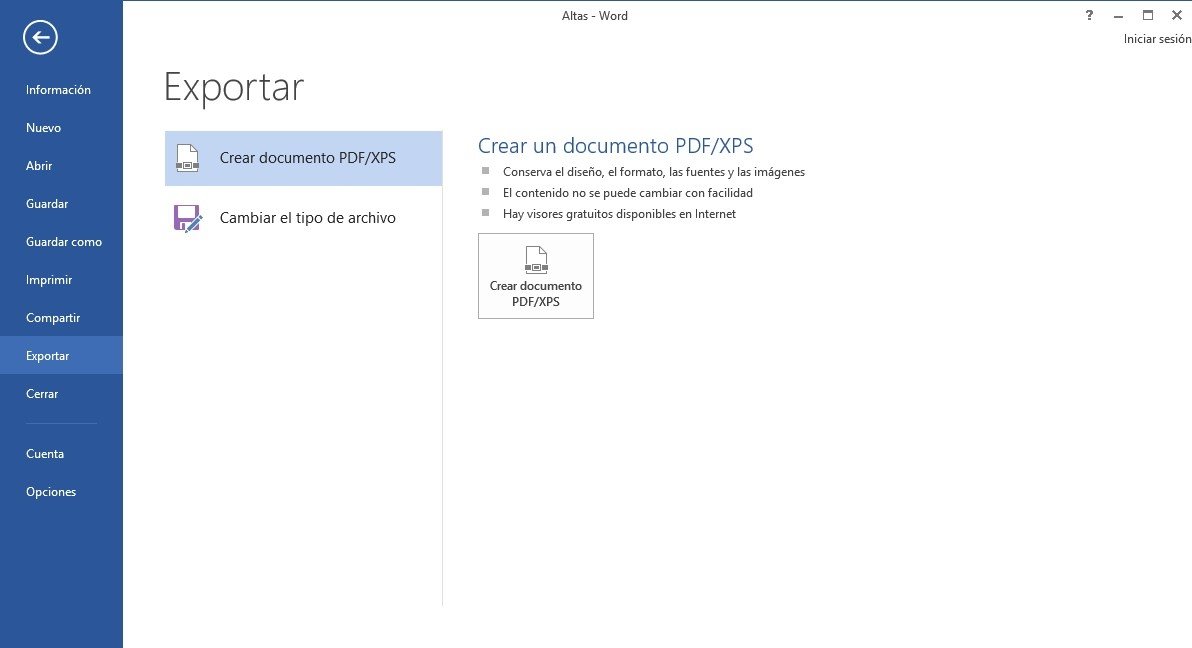 Word a través de 'Exportar' permite convertir documentos a formato PDF