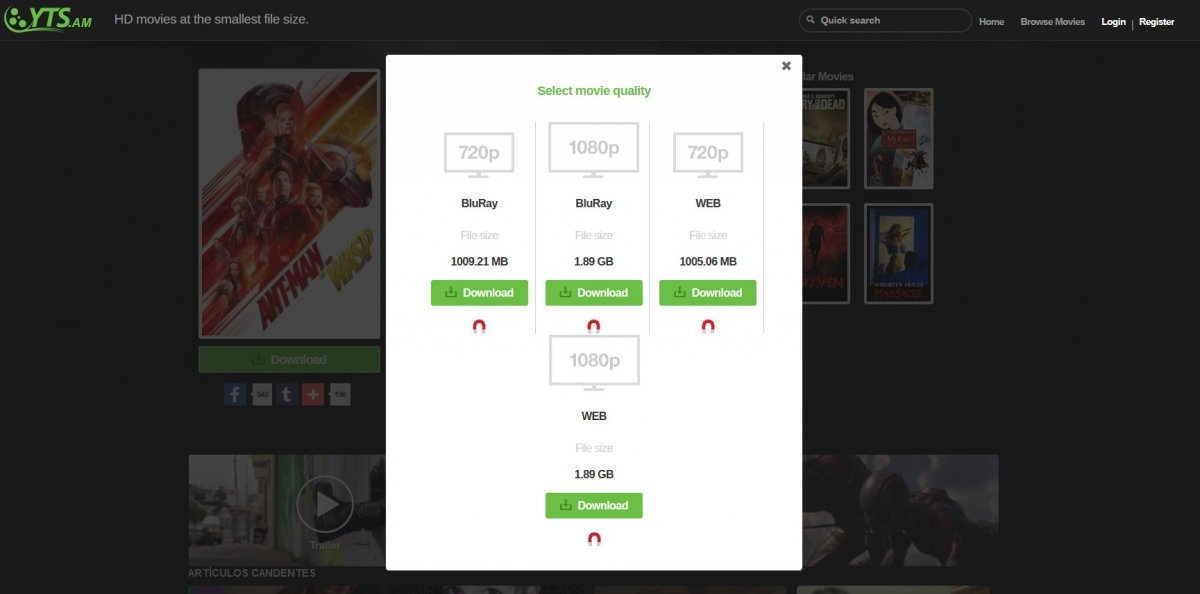 YTS YIFY ofrece varias calidades de imagen