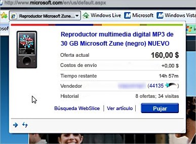 Vista previa de Web Slice en Internet Explorer