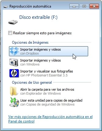 Reproducción automática para subir fotos y vídeo a Dropbox