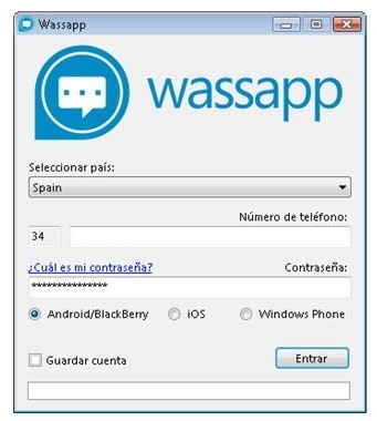 Ventana de inicio de sesión en Wassap