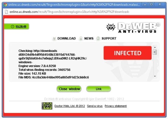 Ventana de enlace peligroso de Dr.Web Anti-Virus Link Checker