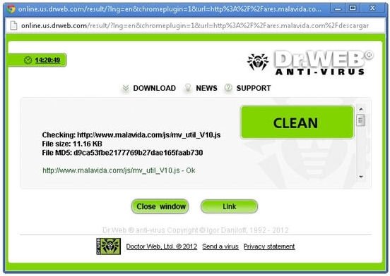 Ventana de enlace seguro de Dr.Web Anti-Virus Link Checker