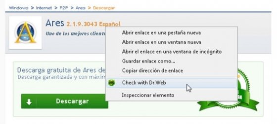 Menú contextual de Windows con la opción de Dr.Web Anti-Virus Link Checker