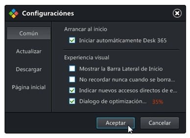 Menú de configuración de Desk 365