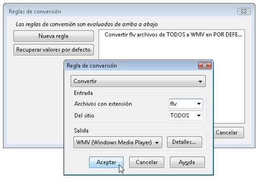 Menú de creación de reglas de descarga personalizadas