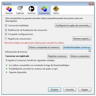 Instalar el conversor del que depende Video DownloadHelper