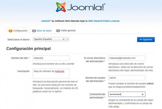 Primer paso de la instalación de Joomla!