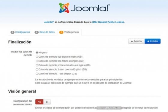 Tercer paso de la instalación de Joomla!