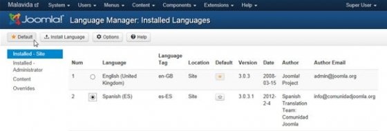 Selección del español como idioma en Joomla!