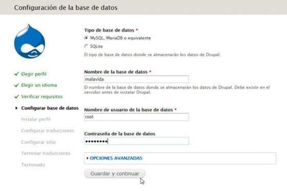 Configura la base de datos de Drupal