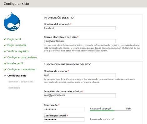 últimos pasos de la configuración de Drupal