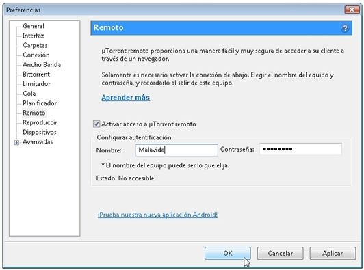 Nombre y contraseña para el servicio uTorrent Remote
